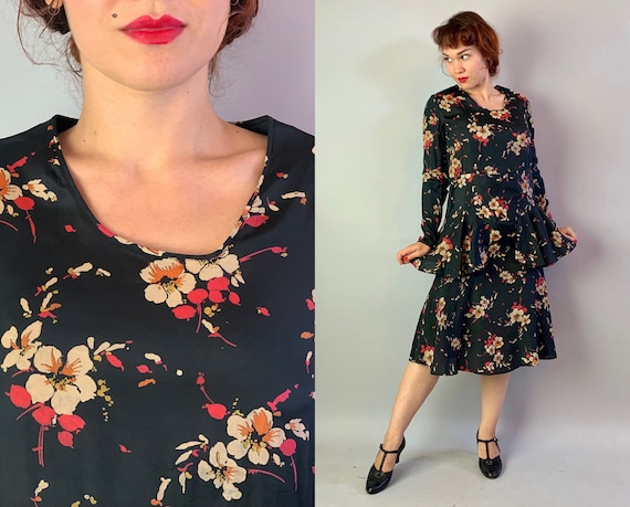 1920s Fabulous Flapper Frock | Vintage 20s Black Silk Red Ivory Orange and Yellow Floral Print Dress w/Deco Seaming and Hip Peplum | Small