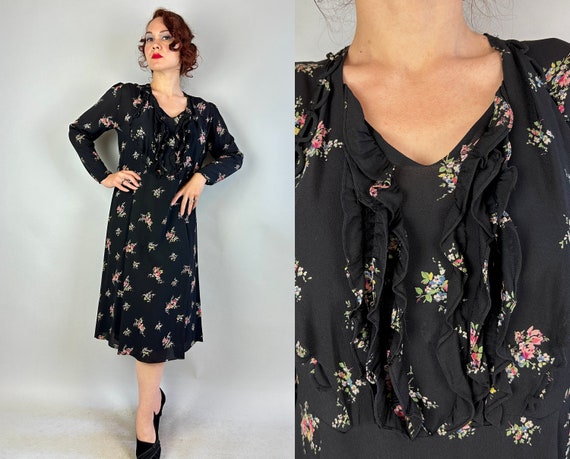 1930s Decadent Dark Floral Frock | Vintage 30s Black Rayon Crepe Dress with Pink Blue Yellow Green Flower Print and Ruffles | Extra Large XL
