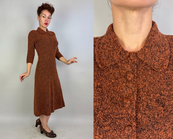 1950s Gingerbread Janet Knit Dress | Vintage 50s Spice Brown Orange Black Fuzzy Boucle Wool Autumnal Knitwear Frock | Medium Large