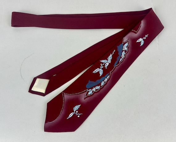 1950s Winter Wonderland Necktie | Vintage 50s Burgundy Red Rayon Self Tie Cravat with Blue and White Hand Painted Berries with Leaves