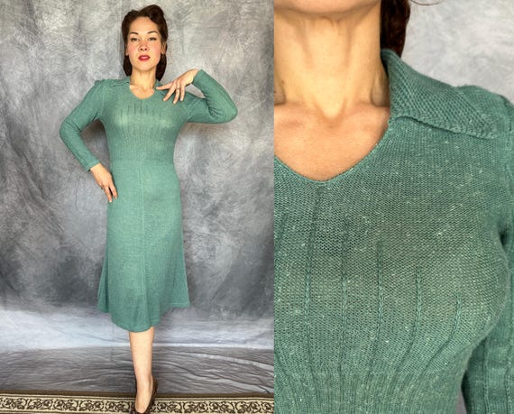 1940s Flecked and Fabulous Frock | Vintage 40s Dusty Teal Blue Wool with White Mohair Tweed Flecks Knit Dress w/Deco Striping | Small Medium