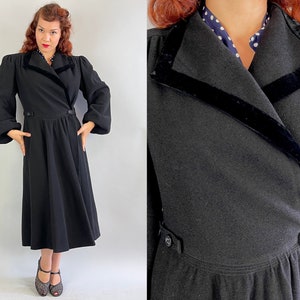 1930s Puffed with Pride Coat Vintage 30s Black Wool Balloon Sleeve Princess Overcoat with Velvet Trim and Padded Puff Shoulders Medium image 1