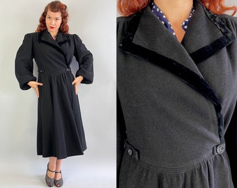 1930s Puffed with Pride Coat | Vintage 30s Black Wool Balloon Sleeve Princess Overcoat with Velvet Trim and Padded Puff Shoulders | Medium