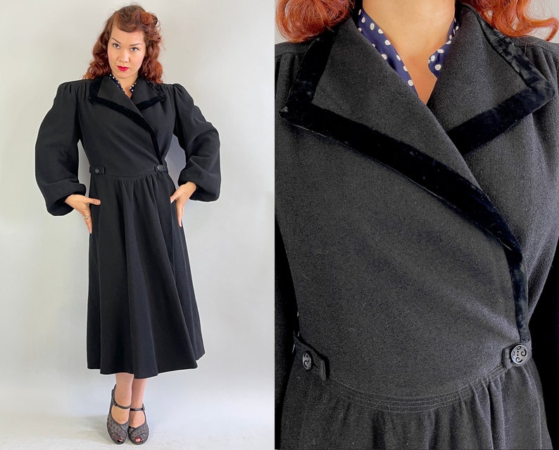 1930s Puffed with Pride Coat Vintage 30s Black Wool Balloon Sleeve Princess Overcoat with Velvet Trim and Padded Puff Shoulders Medium image 1