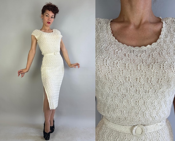 1950s Virginal Vixen Knit Dress | Vintage 50s White Rayon Boucle Squiggle Stripe Curve Hugging Frock w/Slit & Belt | Small Extra Small XS