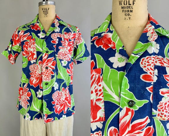 1940s Tropical Tranquility Hawaiian Shirt | Vintage 40s Tiki Blue Green Red and White Large Flower Print Cotton Button Up | Small Medium