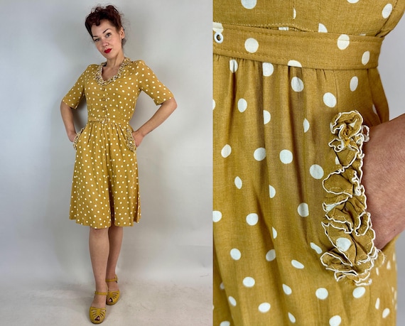 1930s Mustard Moxie Dress | Vintage 30s Yellow and White Polkadot Cotton Day Frock with Ruffles Smocking Pockets and Matching Belt | Small