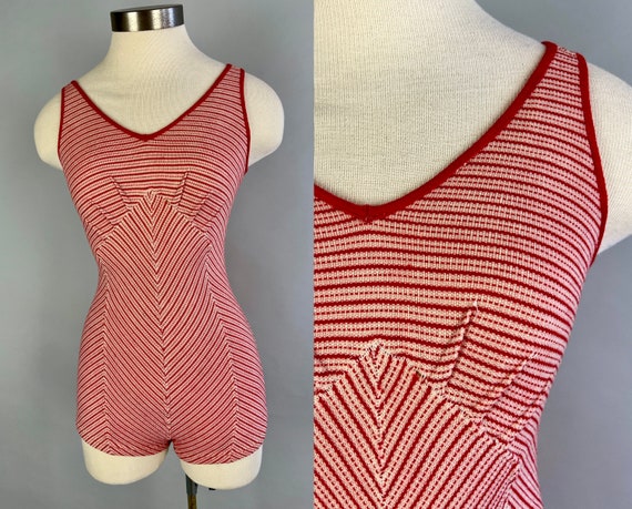 1930s Christmas in July Swimsuit | Vintage 30s Candy Cane Red and White Stripe Wool Knit Bathing Suit by "Funsten" | Small Extra Small XS