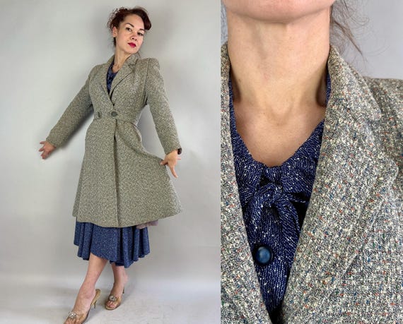 1930s Town and Country Coat | Vintage 30s Grey Tweed Wool with Blue Orange and White Flecks Belted Overcoat | Small Extra Small XS