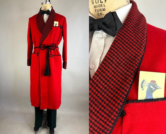 1950s Heart's on Fire Robe | Vintage 50s Red Wool Lounge Smoking Jacket with Black Houndstooth Shawl Collar and Belt Loungewear | Small