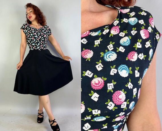 1940s Zoey's Zinnia Frock | Vintage 40s Black Rayon Geometric Floral Day Dress in Black Pink Blue Green White with Short Cap Sleeves | Small