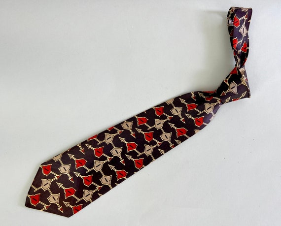 1940s Shields & Spears Necktie | Vintage 40s Midnight Blue and Crimson Red Novelty Crests and Arrows Warrior Silk Self-Tie