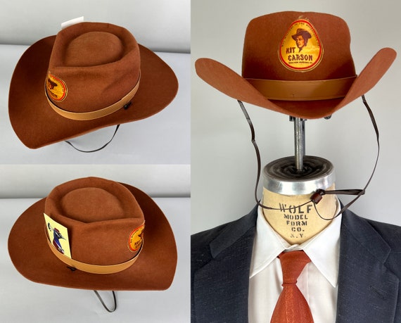 1950s Kit Carson's Cowboy Hat | Vintage 50s Novelty Western Sandstone Wool Felt Hat with Leather Hat Band & Chin Trim | Size 7 Medium