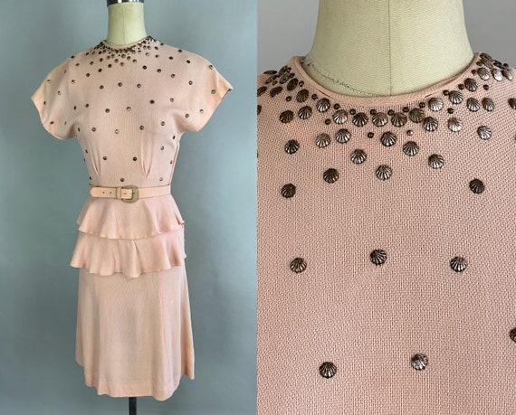 1940s She Sells Seashells Studded Dress | Vintage 40s Finely Netted Rayon Baby Pink Frock with Scallop Shell Studs & Peplum | Extra Small XS