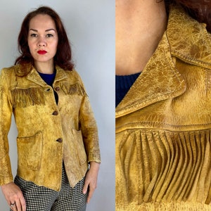 1930er Jahre Wilder Westen Wendy Jacke | Vintage 30er Jahre Gelb Ocker Weathered Leder Fransen Western Cowgirl Kurz Mantel | Extra klein XS klein