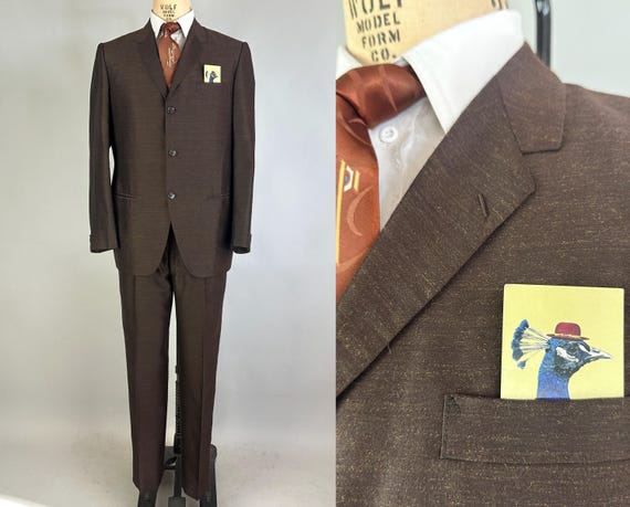 1950s Gold Dust Suit | Vintage 50s Brown with Glittering Yellow Gold Flecks Summer Weight Two Piece Jacket and Trousers Set | Size 40 Medium