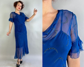 1920s Eva's Eyelet Dress | Antique Vintage 20s Cobalt Blue Sheer Silk Chiffon Frock with Cowl Neck and Flutter Sleeves | Small