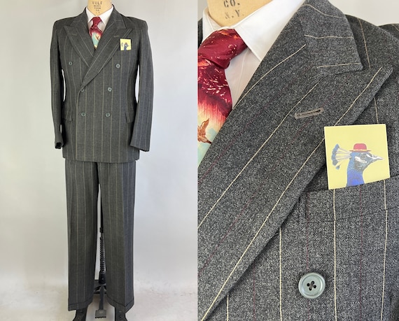 1930s Grey Ghost Suit | Vintage 30s Shadow Gray Wool w/Merlot & Cream Pinstripe Double Breasted Peak Lapel Two-Piece Set | Size 38/40 Medium