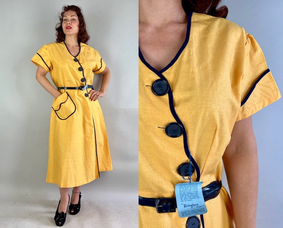 1950s Darling Deadstock Dress | Vintage 50s Canary Yellow Embossed Cotton NWT Asymmetric Blue Button Frock with Belt NOS | Extra Large XL