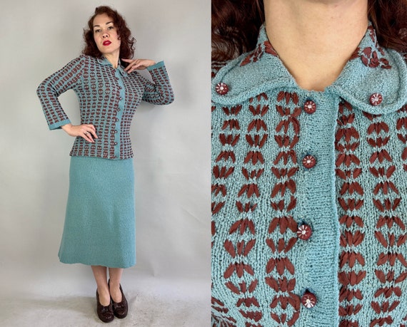 1940s Set for Success Knit Set | Vintage 40s 2-Tone Blue Boucle Wool Sweater Cardigan and Skirt with Brown Ribbon Embroidery | Medium Large