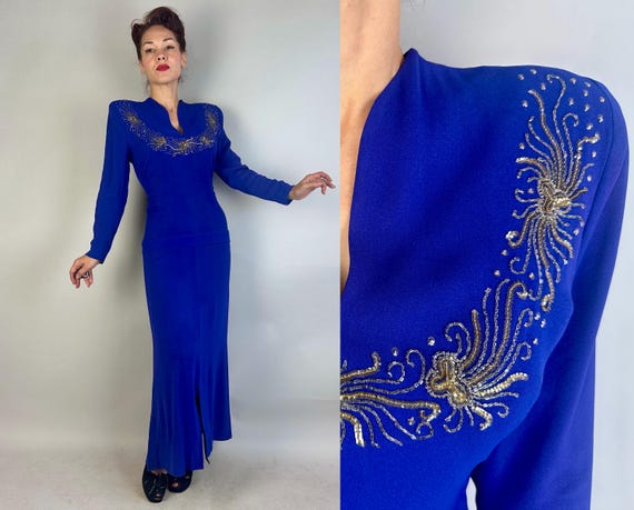 1940s Resplendently Regal Gown | Vintage 40s Purple Rayon Crepe Dress w/Clear Beads and Gelatin Sequins & Pleated Hipline | Extra Large XL