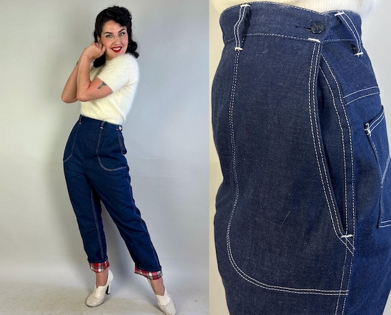 1950s Barn Dance Blues Dungarees | Vintage 50s Indigo Denim Side Zip Blue Jeans w/White Top Stitching & Plaid Flannel Lining | Small Medium