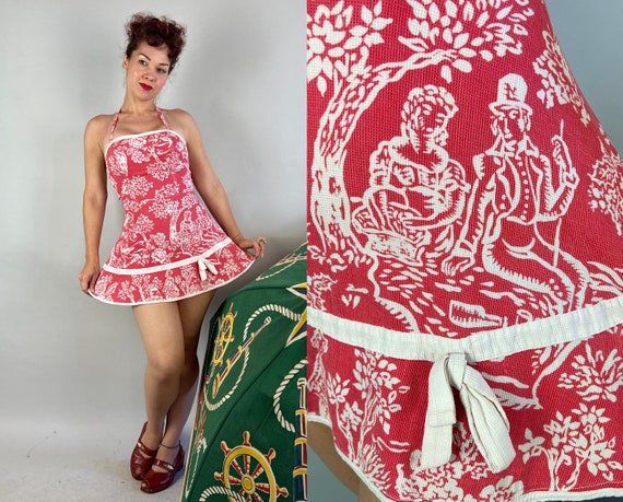 1950s Joy's Joyful Romper | Vintage 50s "Gantner" Pink & White Toile De Jouy Print Textured Cotton Playsuit Swimsuit | Small Extra Small XS