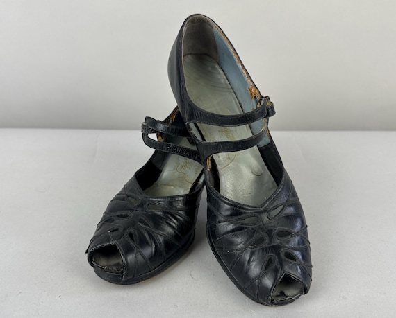 1930s Peek-a-Boo Pumps | Vintage 30s Black Leather Double Strap Mary Janes Shoes with Teardrop Cutouts and Peep Toes | Size US 7.5