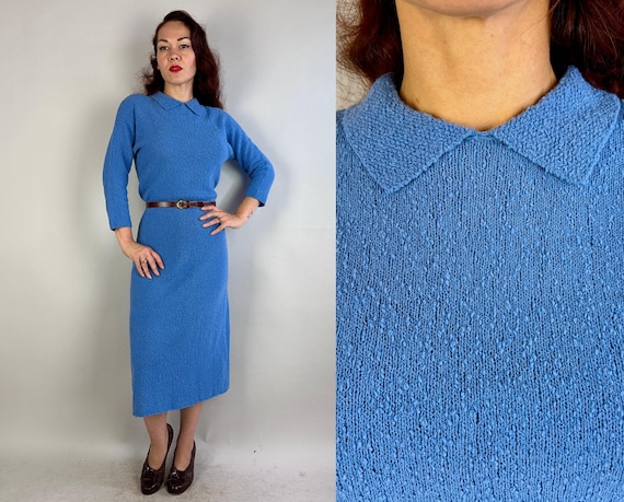 1940s Sassy Sashay Dress | Vintage 40s Powder Blue Wool Boucle Knit Bracelet Length Sleeve Sweater Frock with Buttoning Nape | Medium Large