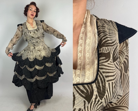1910s Walk On the Wild Side Dress | Vintage Teens Antique Zebra Stripes Silk Chiffon and Black Taffeta Gown w/Scallop Tiers & Lace | Small