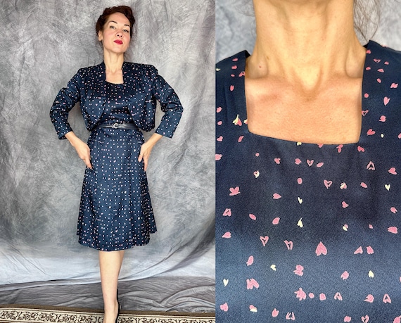 1950s Happy Hearts Dress Ensemble | Vintage 50s Off Black Pink & White Heart Print Celanese Frock and Jacket 2 Piece Set | Extra Large XL