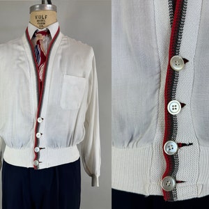 1950s Casual Chic Cardigan Vintage 50s White Lightweight Cotton and Grey and Red Wool Knit Button Up Sweater by Rugger Large image 1