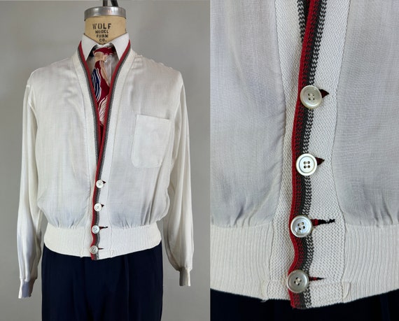 1950s Casual Chic Cardigan | Vintage 50s White Lightweight Cotton and Grey and Red Wool Knit Button Up Sweater by “Rugger” | Large