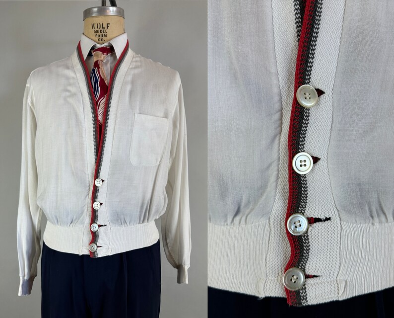 1950s Casual Chic Cardigan Vintage 50s White Lightweight Cotton and Grey and Red Wool Knit Button Up Sweater by Rugger Large image 1