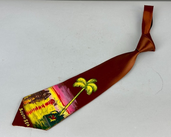 1940s Your Special Island Necktie | Vintage 40s Brown Rayon Wide Self Tie Cravat w/Hand Painted South Sea Sunset in Yellow Pink Red & Green
