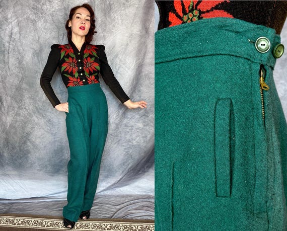1930s Play Amongst The Pines Pants | Vintage 30s Forest Green Wool Insulated Lined Winter Snow Ski Side Zip Togs Trousers | Small Medium