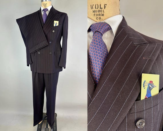 1940s Delicious Dated Suit | Vintage 40s Brown w/White & Blue Pinstripe Wool Jacket + 2 Pairs of Trousers Set From 1941! | Size 40 Medium