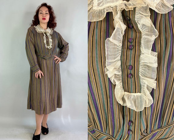 1920s Striped Serenity Frock | Vintage 20s Olive Purple Green Black Ochre Stripes Cotton Frock w/Embroidered Voile Collar | Extra Large XL