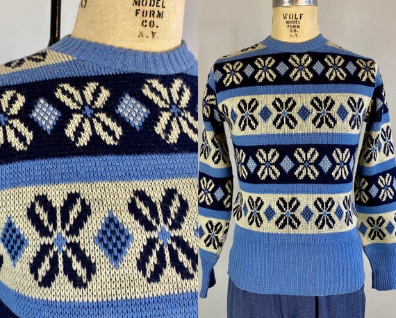 1940s Ski Slope Chic Sweater | Vintage 40s Blue an