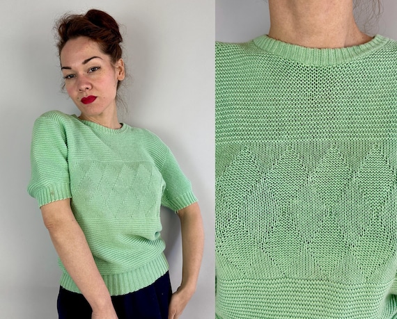 1940s Merry Mint Knit Pullover | Vintage 40s Green Cotton Crew Neck Jumper Light Sweater Shirt with Diamonds | Medium Large Extra Large XL