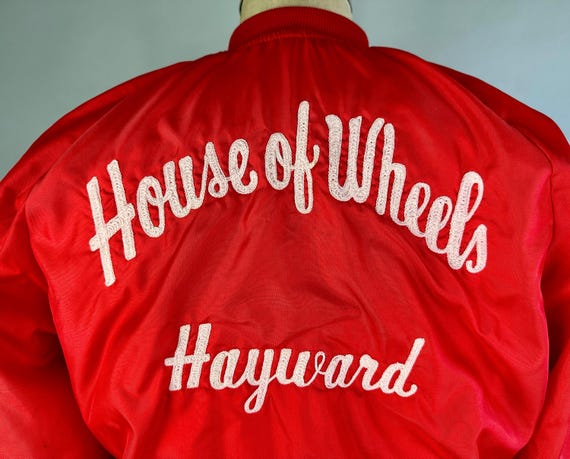 1950s House of Wheels Cherry Red Rollerskate Car Club Jacket | Vintage 50s Mens Coat with Chain Stitch Lettering and Novelty Patch | Small