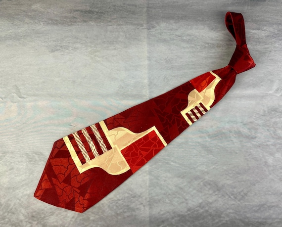 1940s Graphically Great Necktie | Vintage 40s Scarlet Blood Red Cream and Palest Pink Abstract Moderne Graphics Rayon Wide Self Tie Cravat