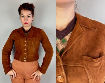 1930s Mountain Mary Cossack Jacket | Vintage 30s Cinnamon Brown Suede Cropped Coat with Deco Seaming & Cute Pocket | Small Extra Small XS