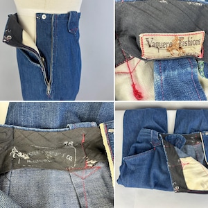 May include: High-waisted dark blue denim pants featuring a side zipper closure, a black interior waistband with red stitching, and a label reading Vaquero Fashions California. The interior lining includes a faded stamp reading Western Wear Co. Hollywood.