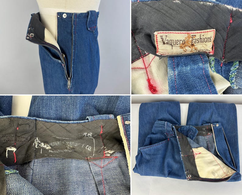 May include: High-waisted dark blue denim pants featuring a side zipper closure, a black interior waistband with red stitching, and a label reading Vaquero Fashions California. The interior lining includes a faded stamp reading Western Wear Co. Hollywood.