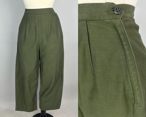 1950s In the Trenches Trousers | Vintage 50s Olive Green Cotton Twill Side Zip High Waist Slacks Pants with Button Pocket | XS Extra Small