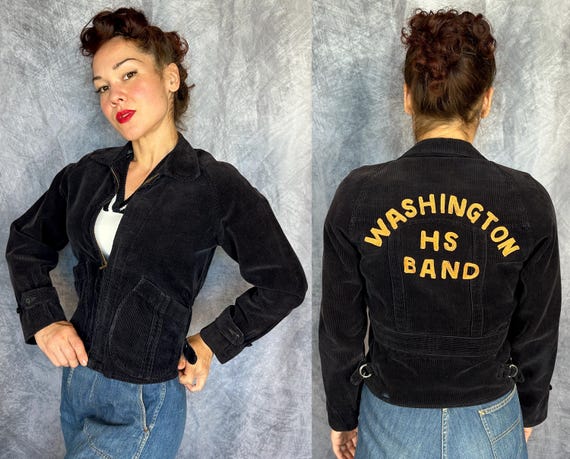 1940s Carolyn's Corduroy Bad Girl Band Jacket | Vintage 40s Black Cotton Cord Zip Up Sport Coat with Orange Chain Stitch Embroidery | Small