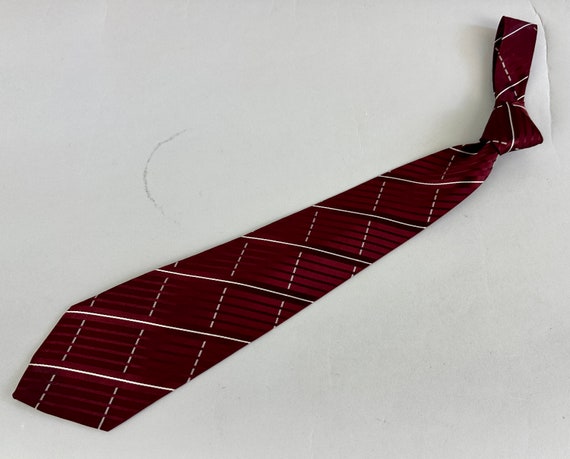 1940s Ruby Red Necktie | Vintage 40s Red Rayon with White Pinstripes Bias Cut Self Tie by 'Haband Cravat'