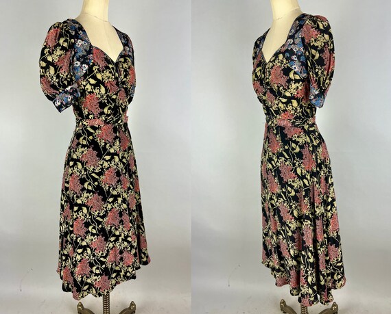 1940s Dark Gardens Dress | Vintage 40s Black Pink… - image 3