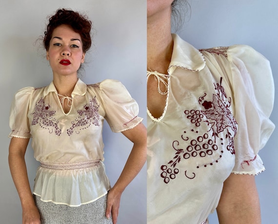 1940s Pleasant Parachute Blouse | Vintage 40s White Silk Peasant Puff Sleeve Shirt Top with Maroon Red Embroidery and Smocking | Small